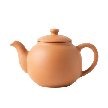 Um bule de ch&aacute; de cer&acirc;mica marrom r&uacute;stico com design minimalista, isolado em um fundo branco puro, perfeito para apresenta&ccedil;&otilde;es de culin&aacute;ria, design de interiores e conceitos de bem-estar.