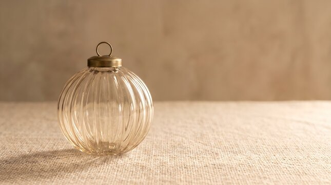Clear fluted glass ornament bauble on linen