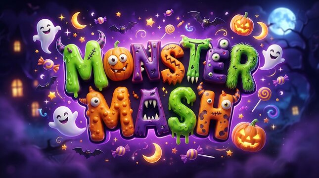 Monster mash spooky halloween text design with cute ghosts