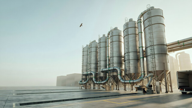 Large industrial silos and metal storage tanks at a chemical processing plant with industrial processing facility structure manufacturing