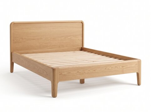 Minimalist light oak wooden bed frame with slatted base and headboard isolated on white background, Scandinavian modern bedroom furniture design product rendering