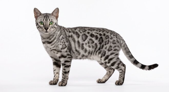 Silver Bengal cat with bold rosette markings standing gracefully on a plain white background.