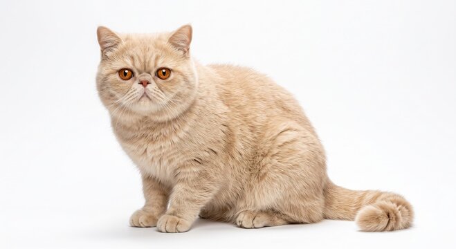 Chubby cream-colored Exotic Shorthair cat sitting calmly with round face on a plain white background.