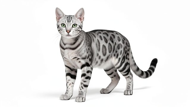 Striking silver Bengal cat with bold spotted markings standing alert on a seamless white backdrop.