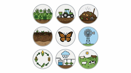 Fototapeta premium Icon set illustrating regenerative agriculture concepts: crops, soil, composting, butterfly, windmill, irrigation, and livestock