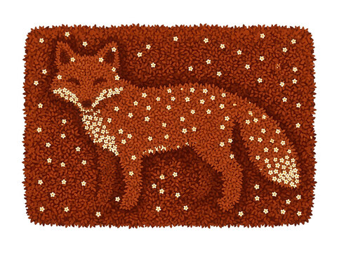 Ilustra&ccedil;&atilde;o estilizada de uma raposa feita com textura de pelos felpudos e pontos brancos, isolada em fundo branco, ideal para design gr&aacute;fico e elementos decorativos infantis.