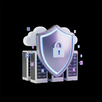 Cybersecurity 3D illustration with metallic shield and padlock. Cloud computing data protection icon. Secure server network infrastructure.