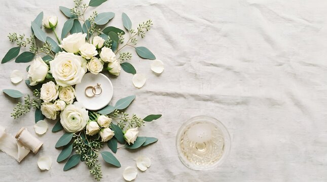 Elegant wedding invitation card mockup with a beautiful bouquet of white roses and eucalyptus leaves on a textured background