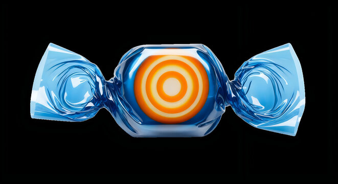 Wrapped hard candy illustration, blue cellophane sweet treat on black background, striped orange sugar confectionery, glossy food snack