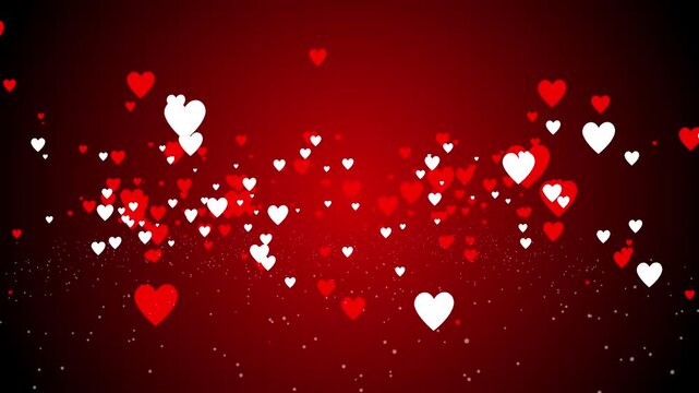 Flying red white hearts animation on red background, romantic valentine day heart particles motion background, glowing heart particles motion graphics, glowing red glitter hearts particles,4k video