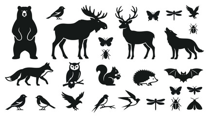 Obraz premium Set of black silhouettes of wild forest animals birds and insects isolated on a white background