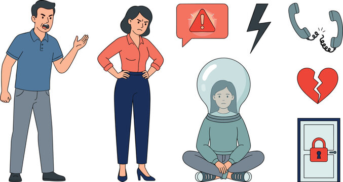 Family Conflict and Toxic Relationship Element Set with Angry Parents Arguing Traumatized Child and Broken Heart Vector Cartoon Illustration