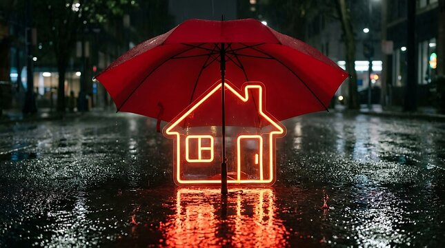 Red umbrella glowing house icon in rain reflecting warm light on wet street at night