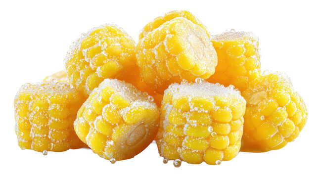 Frozen sweet corn kernels in ice crystals close up isolated on transparent background