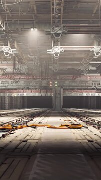 bright illuminated assembly bay with rails, spotlights highlight coils and service pathways, overhead gantries glint, active technical mood suggests imminent