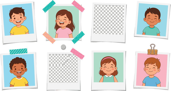 Instant Photo Frame Template Set with Cute Happy Kids Portraits Mockup Empty Frames Washi Tape Binder Clip Vector Cartoon Illustration