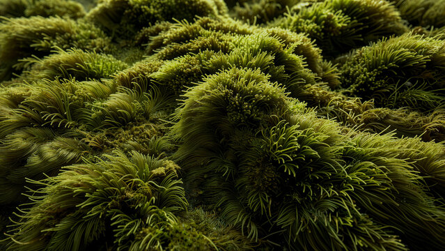Close-up view of green mossy texture with fine strands