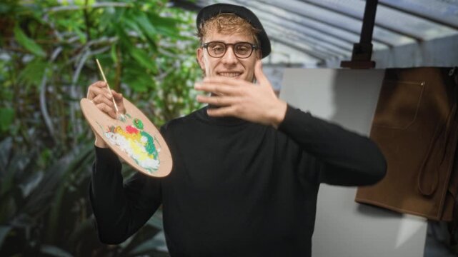 Young blond man wearing beret and glasses holding paint palette and brush, hand to chest gesture in art studio with easel and plants; creativity expression.