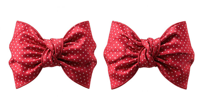 Dois la&ccedil;os de cabelo vermelhos com estampa de bolinhas brancas isolados em fundo branco, acess&oacute;rios de moda femininos cl&aacute;ssicos para penteados infantis ou adultos.