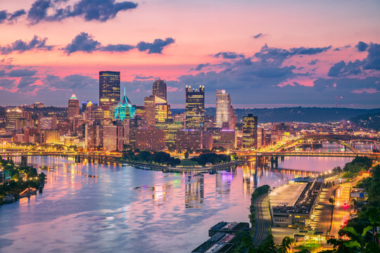 Pittsburgh, Pennsylvania, USA. Aerial cityscape image of Pittsburgh, Pennsylvania at beautiful summer sunrise.