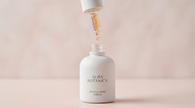 Aura botanica revitalizing serum drops from dropper into bottle beauty product luxury packaging.