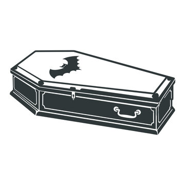 Silhouette of a vampire coffin with a bat logo on the lid, isolated object, solid black vector, white background