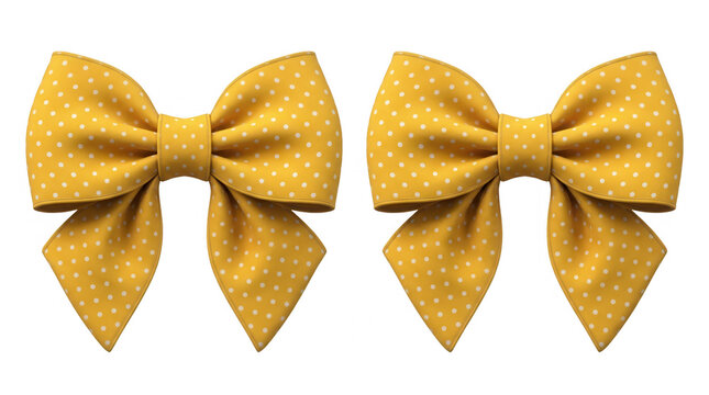 Dois la&ccedil;os decorativos amarelos com estampa de bolinhas brancas, isolados em fundo branco, perfeitos para design de presentes, artesanato, convites de festas e projetos criativos.
