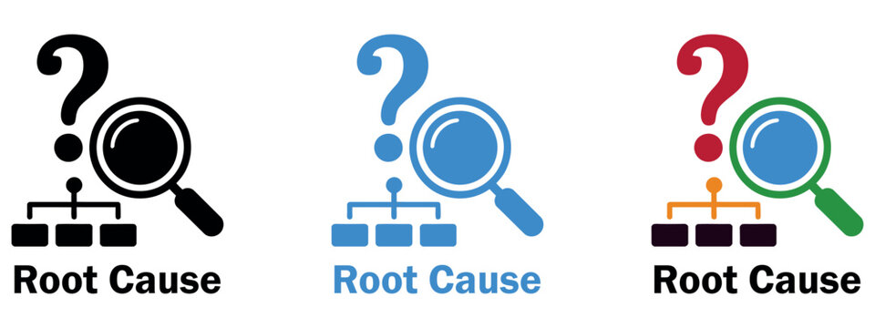 Root cause analysis icon with question mark, magnifying glass, and flowchart for problem solving.