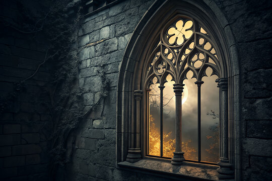 Spooky gothic stone window view with a glowing moon, fog, and ancient castle wall for Halloween background