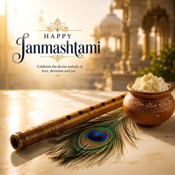 Happy janmashtami greeting with flute, peacock feather, and butter pot on table