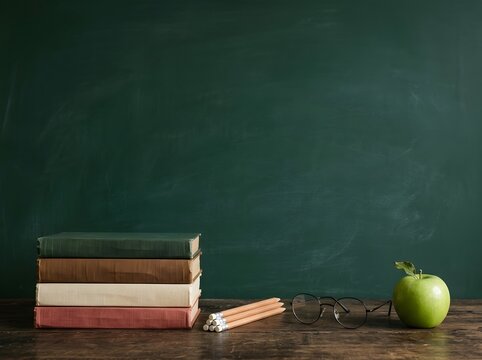 Back to school still life with books apple and pencil on a wooden desk