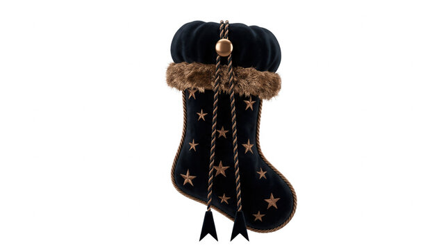 Meia de Natal elegante feita de veludo azul-escuro decorada com estrelas douradas brilhantes e acabamento de pele sint&eacute;tica, isolada em fundo branco.