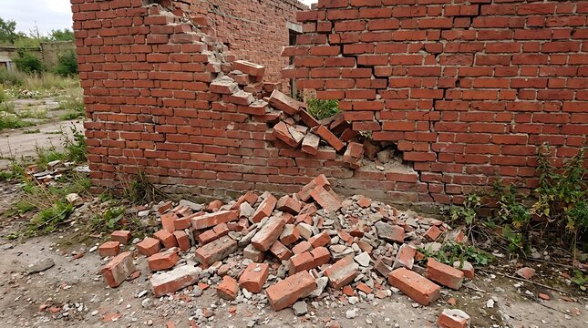 Collapsed red brick wall debris on ground with scattered rubble and overgrown weeds