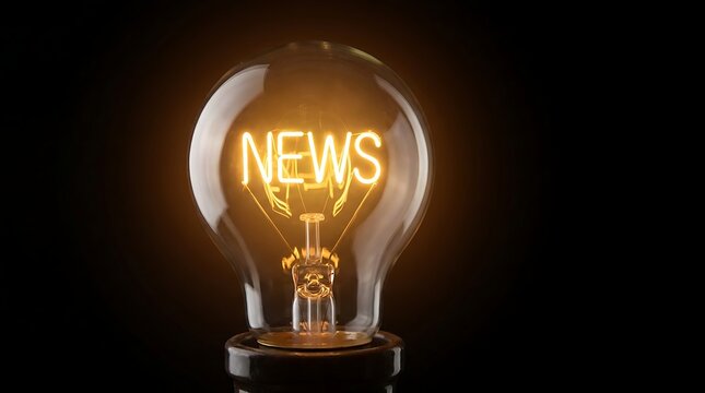 Breaking news concept with glowing light bulb displaying 3D text on black background