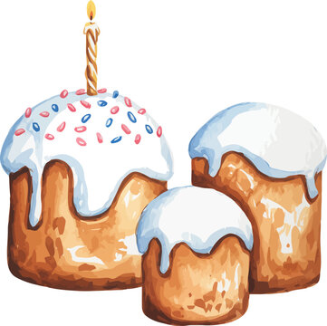 Three watercolor Easter cakes of varying sizes with white icing and colorful sprinkles and a lit 
