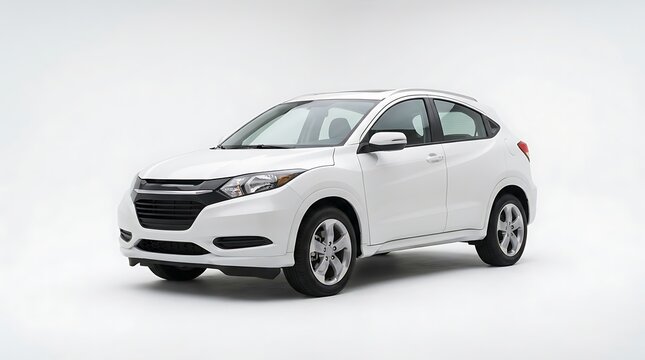 White luxury compact sedan car parked in bright studio lighting showcasing modern design and elegance