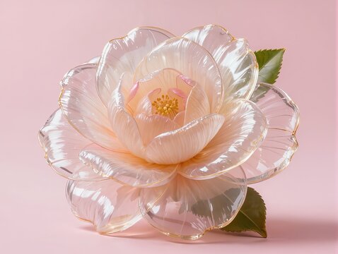 A beautiful camellia flower sculpture created from transparent inflated plastic, layered rounded petals with subtle wrinkles and glossy translucent surfaces, soft green leaf accents