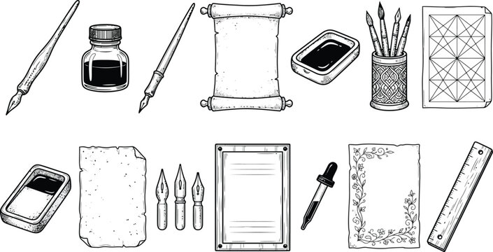 Vintage calligraphy and writing supplies set with inkwells pens and scrolls calligraphy supplies illustration document