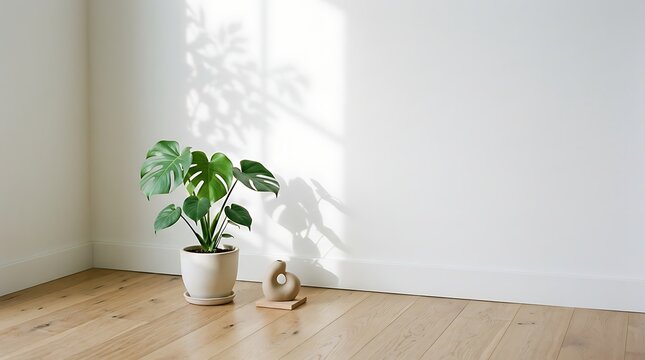 Minimalist indoor plant decor on wooden floor near bright window for modern home styling