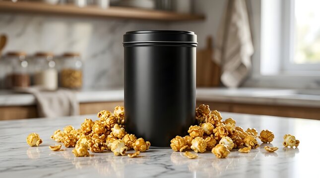 Black matte metal tin container surrounded by caramel popcorn on marble kitchen countertop.