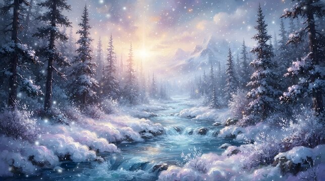 A breathtaking winter wonderland scene showcases a snow covered forest bathed in ethereal light evoking feelings of peace tranquility and the magic of the