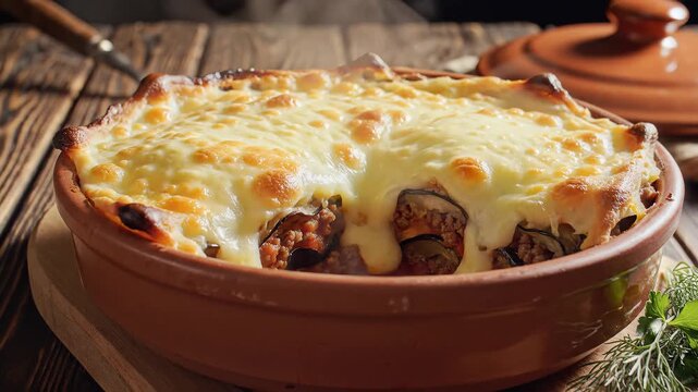 Traditional Greek moussaka with eggplant and bechamel sauce in a rustic clay pot on wooden table