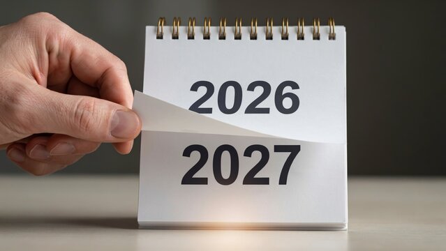 Spiral desk calendar showing year 2026 turning to 2027, hand flipping paper page for new year transition, future planning concept
