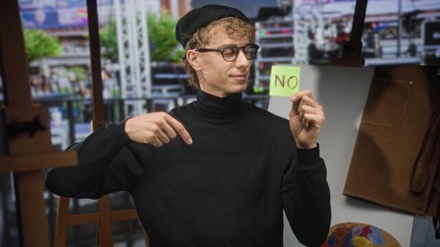 Blond man wearing glasses and a black turtleneck points finger at a sticky note reading no while holding it up beside an easel in an art studio; refusal statement.