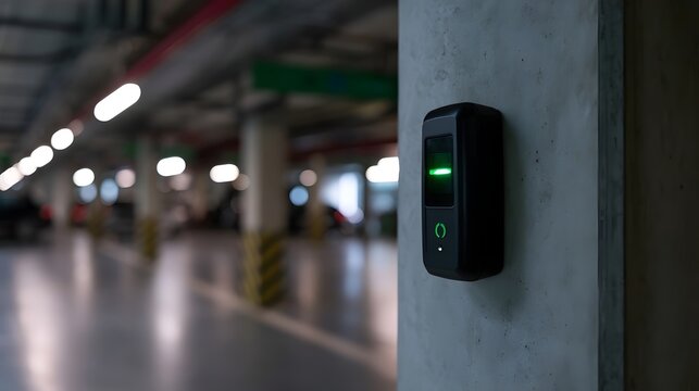 A digital parking access device mounted on a concrete pillar in a modern underground parking garage with blurred background lighting