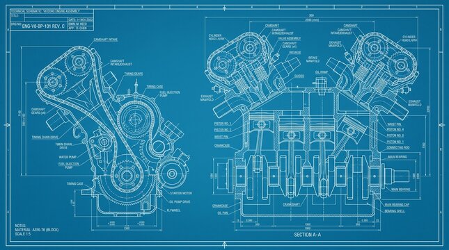 Detailed blueprint of a V8 engine technical drawing with schematics and measurements for automotive engineering and design presented on a blue background