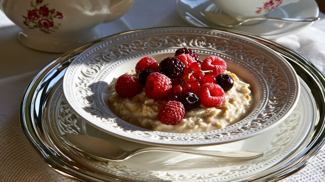 Oatmeal porridge bowl serving with a colorful medley of fresh raspberries, blackberries, red currants, and blueberries on fine porcelain