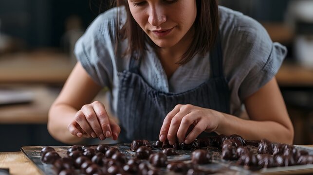 A person carefully arranging chocolate truffles on a baking tray in a kitchen setting with focused attention