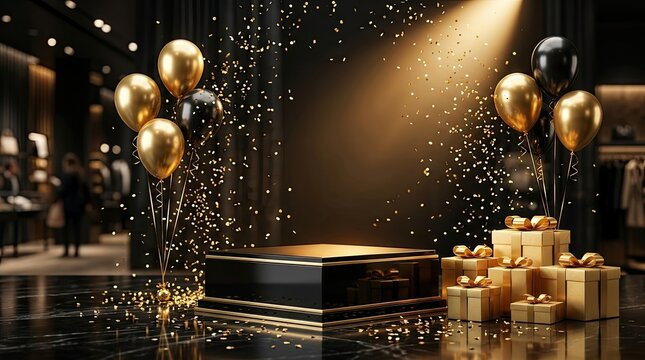Black friday shopping background featuring a podium surrounded by wrapped presents and golden balloons gift boxes shopping presents balloons discount promotion spotlight