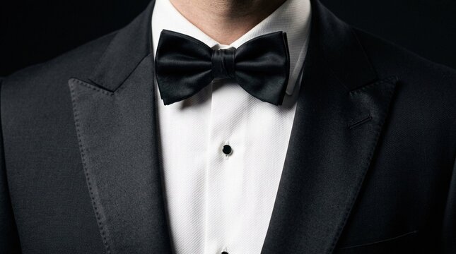 Classic black silk bow tie paired with white textured shirt and dark tuxedo jacket represents formal elegance for wedding celebrations or luxury gala events.
